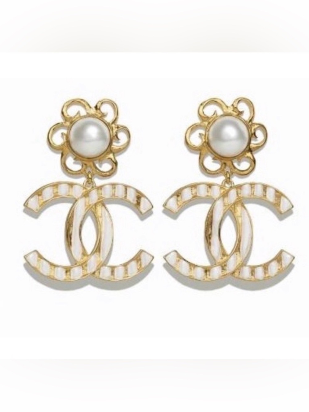 Chanel Authentic Gold and White Metal & Glass Pearl Earrings NEW